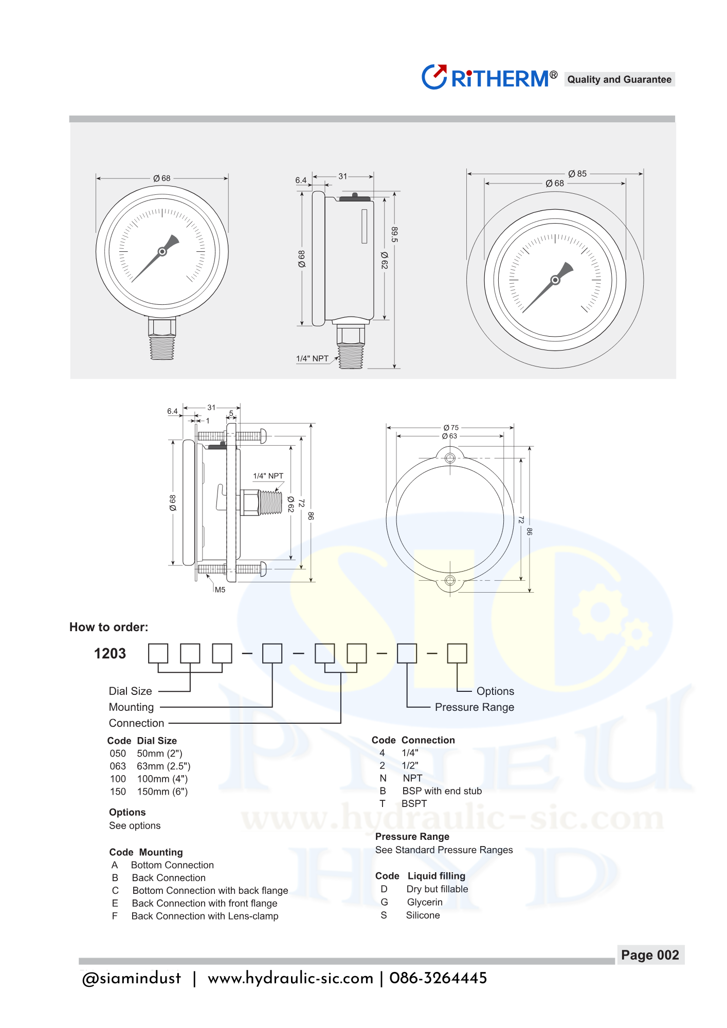 1203-063E Pressure Gauge เกจวัดแรงดันหน้าปัด 2.5" เกลียว 1/4" BSPT ออกหลัง RiTHERM