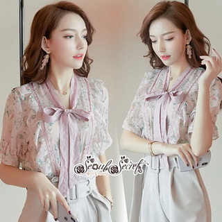 เสื้อเชิ้ตคอเสื้อคาดริบบิ้นชมพูต่อยาว