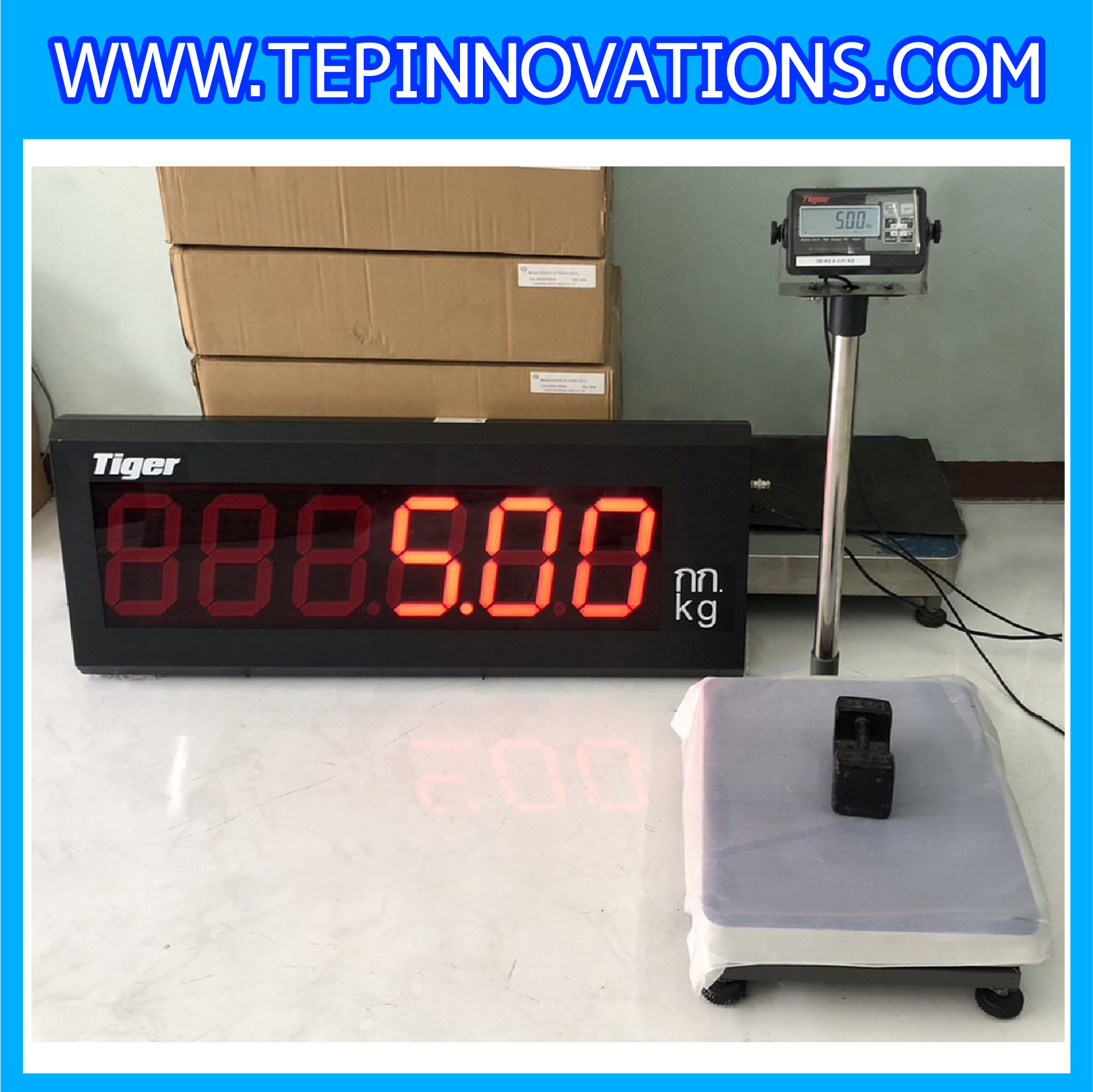 เครื่องชั่งบ่อตกปลา 150 กิโลกรัม พร้อมจอ REMOTE LED DISPLAY ( ตัวเลขสีแดงสูง 5 นิ้ว) เครื่องชั่งแบบตั้งพื้น150Kg ความละเอียด 10g แท่นชั่งขนาด 40x50 cm. ยี่ห้อ TIGER รุ่น TI-02 เครื่องชั่งบ่อปลา เครื่องชั่งบ่อกุ้ง