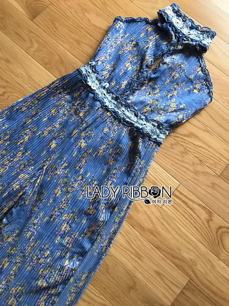 Jumpsuit จัมป์สูทผ้าพลีตสีน้ำเงินพิมพ์ลายทรงเปิดหลัง