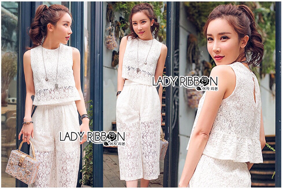Lady Ribbon ขายส่ง LR14260516 🎀 Lady Ribbon's Made 🎀 Lady Charlotte Classy White Lace Cropped Top and Culottes Set