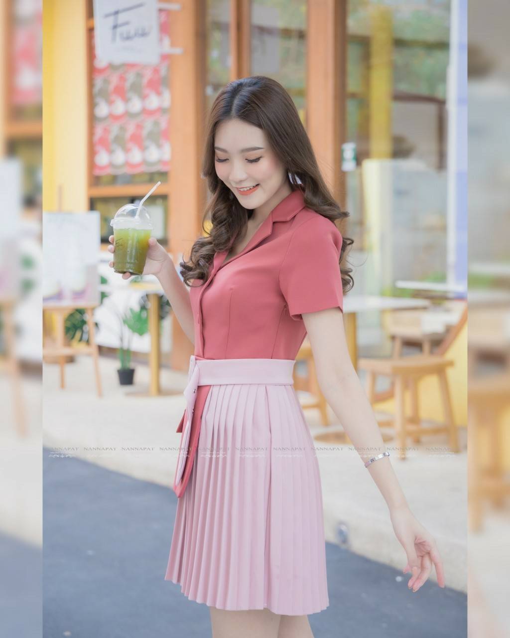 เดรสสูทกระดุมหน้าซิปตัวกระโปรงอัดพีท