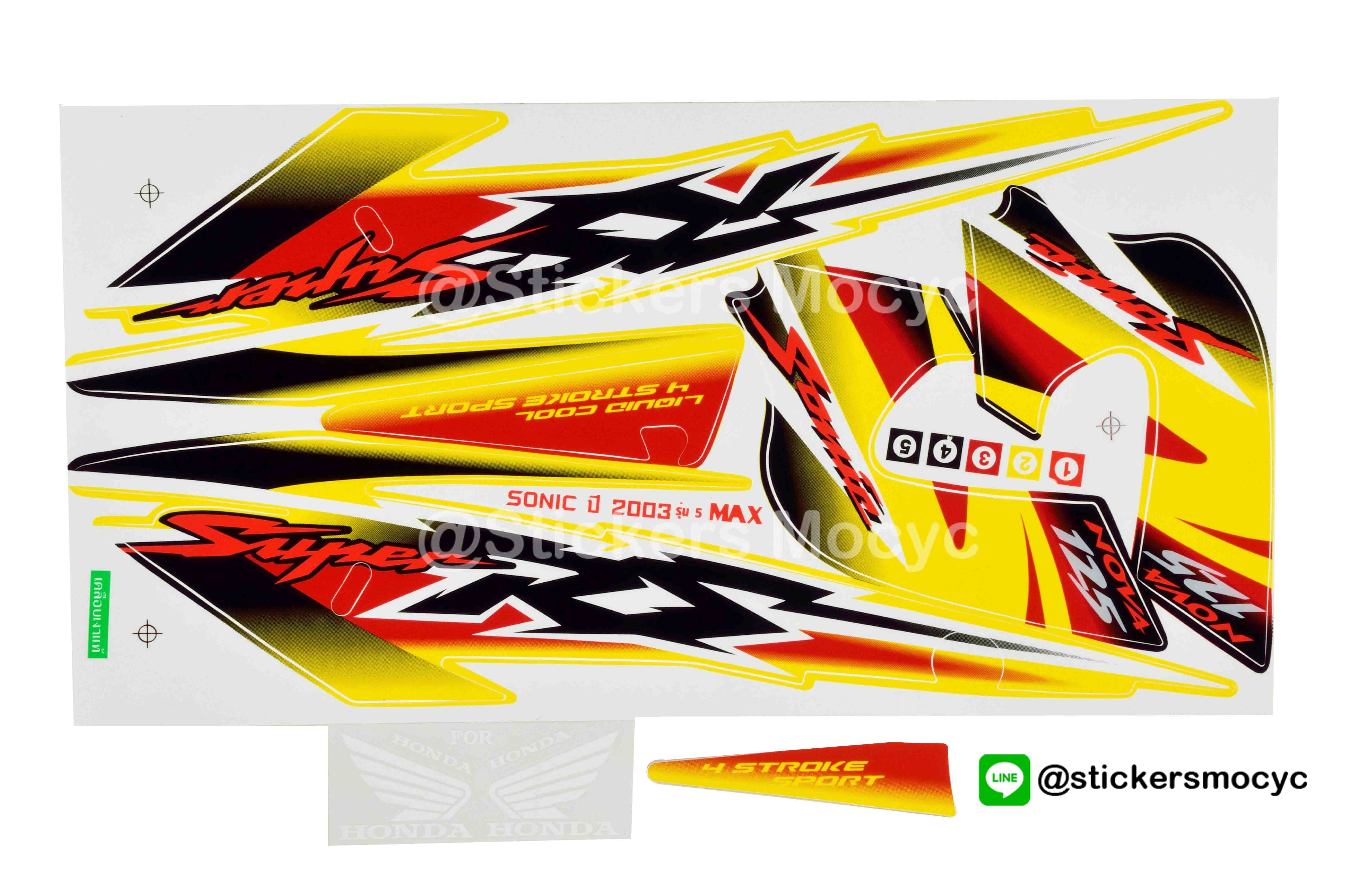 สติ๊กเกอร์ติดรถมอเตอร์ไซค์ Honda Sonic 125 ปี 2003 รุ่น 5 ล้อแม๊ก ติดรถสี ดำ เหลือง (เคลือบเงา)