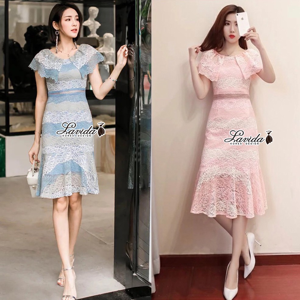 เดรสลูกไม้ทอลายสลับไล่สีสวย