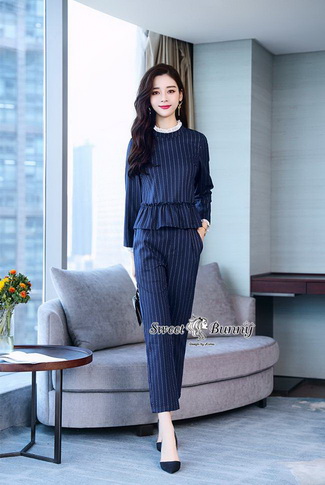 เสื้อกางเกงงานเกาหลีผ้าทอลายทางริ้วสีกรม