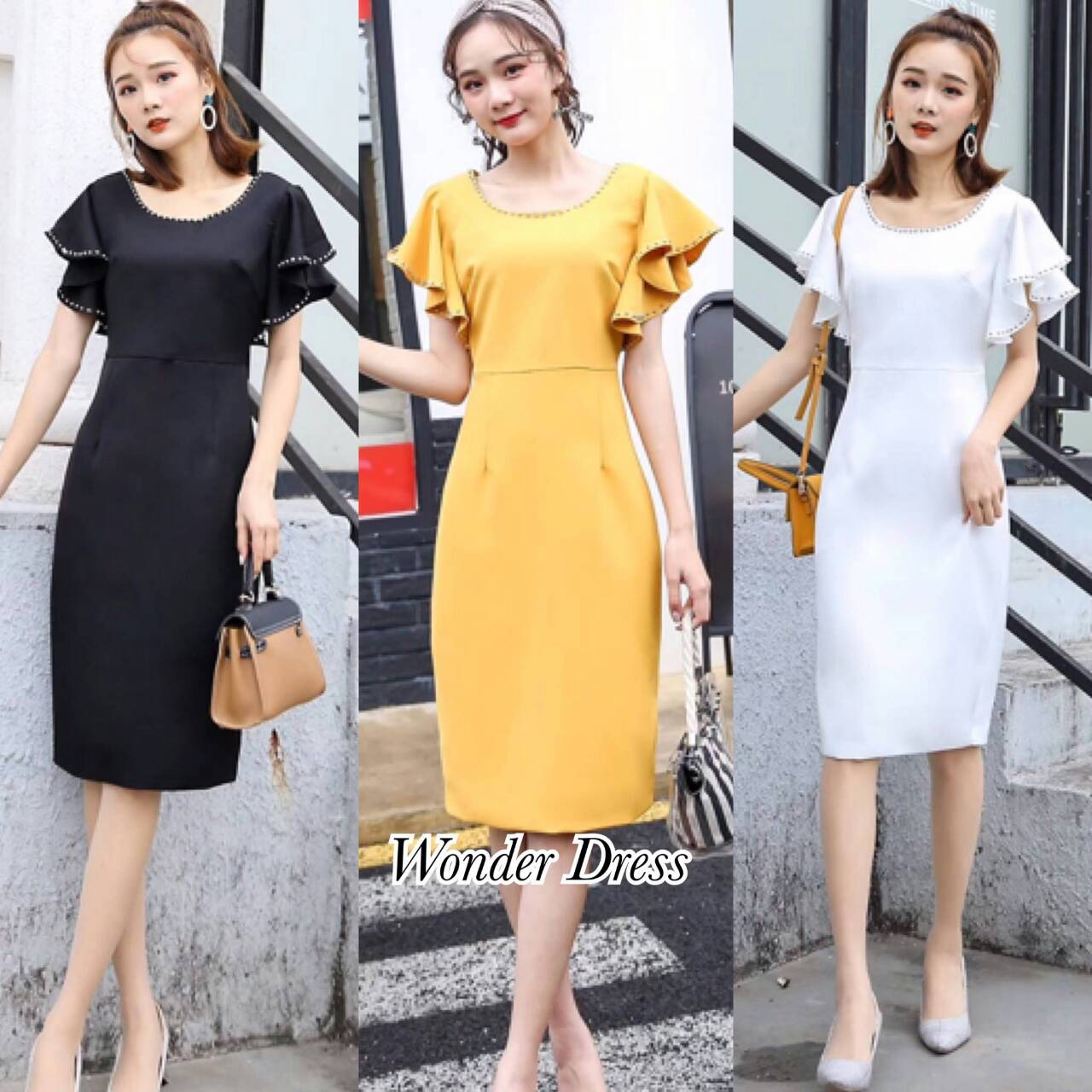 เดรสหมุดสีเงินช่วงคอเสื้อและระบายช่วงแขน