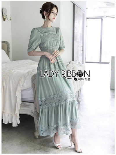 เดรสยาวผ้าชิฟฟ่อนเนื้อดีตกแต่งลูกไม้สีเขียวอ่อน