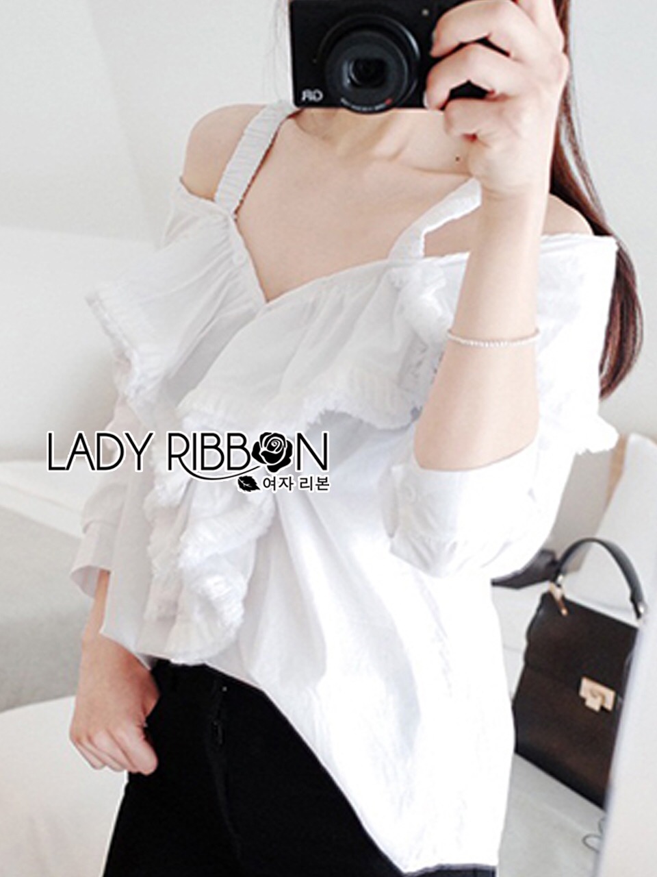 Lady Ribbon Natalie Sexy Off-Shoulder Ruffle Cotton Top เสื้อผ้าคอตตอนแท้