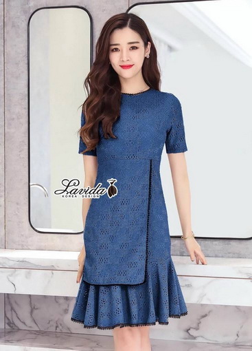 dress เดรสลูกไม้ทอลายสวย ทรงแขนสั้นชายกระโปรงระบายหวาน