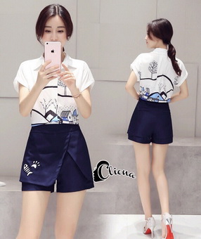 Lady Ribbon Online เสื้อผ้าออนไลน์ขายส่ง Cliona เสื้อผ้า CN01150816 Cliona Made' Cisie Top + Skirt Short Set - เซ็ตเสื้อคอปก