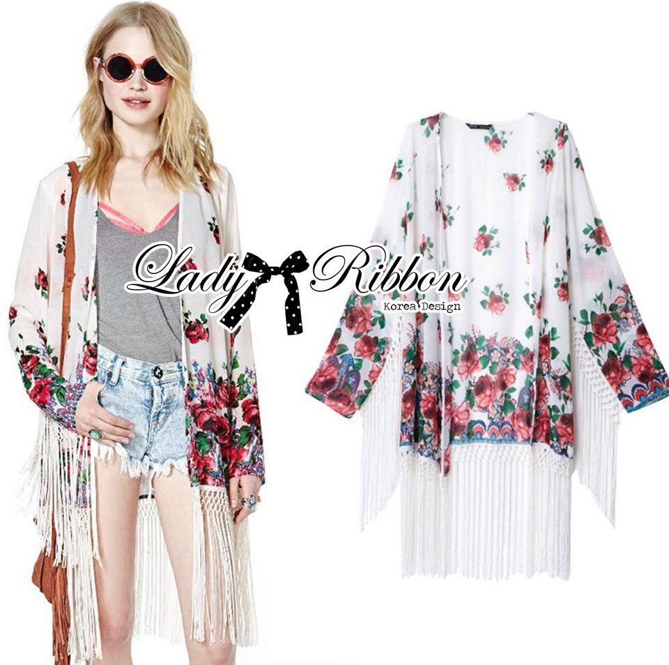 🎀 Lady Ribbon's Made 🎀 Lady Ria Hippy Floral Printed Fringe Outerwear เสื้อคลุมผ้าชีฟองพิมพ์ลายดอกไม้