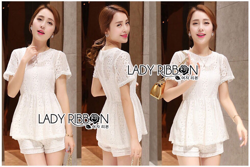 : Lady Ribbon Online LR01300516 🎀 Lady Ribbon's Made 🎀 Lady Laurel Classic Sweet Lace Peplum Top and Short Ensemble Set