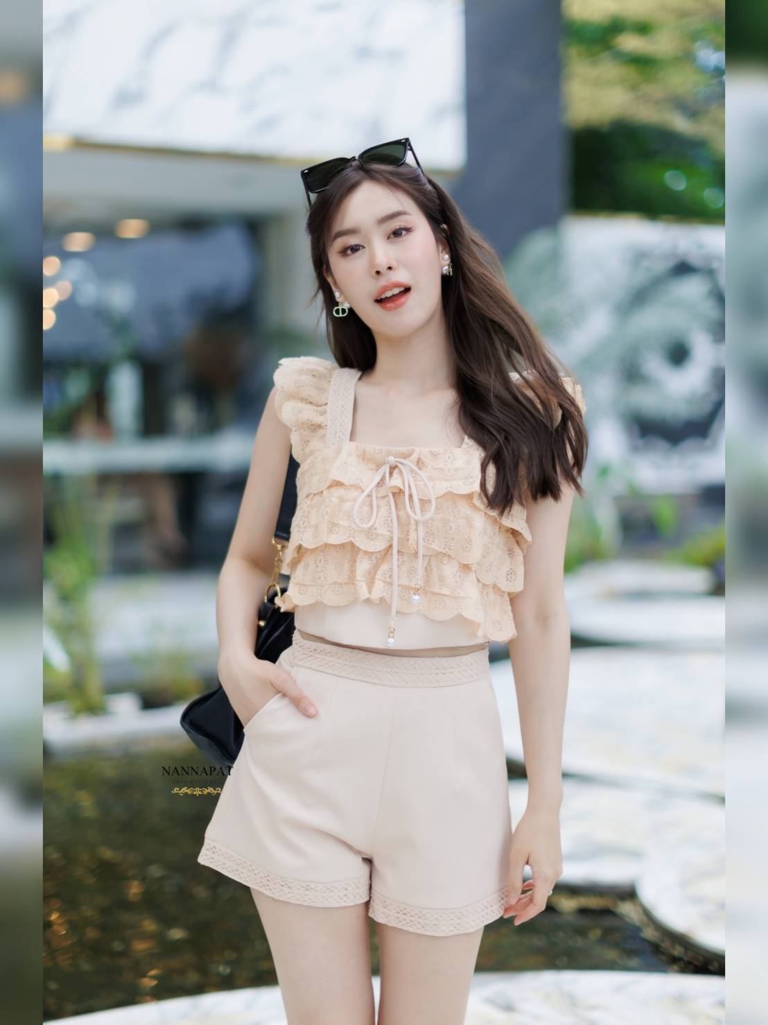เซทแขนระบาย เชือกผูกโบว์ติดมุก