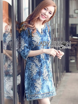 Lady Ribbon Online เสื้อผ้าออนไลน์ขายส่ง lady ribbon เสื้อผ้า LR04150816 🎀 Lady Ribbon's Made 🎀 Lady Lizzy Sweet Bohemian Floral Embroidered Denim Dress เดรสผ้าเดนิม