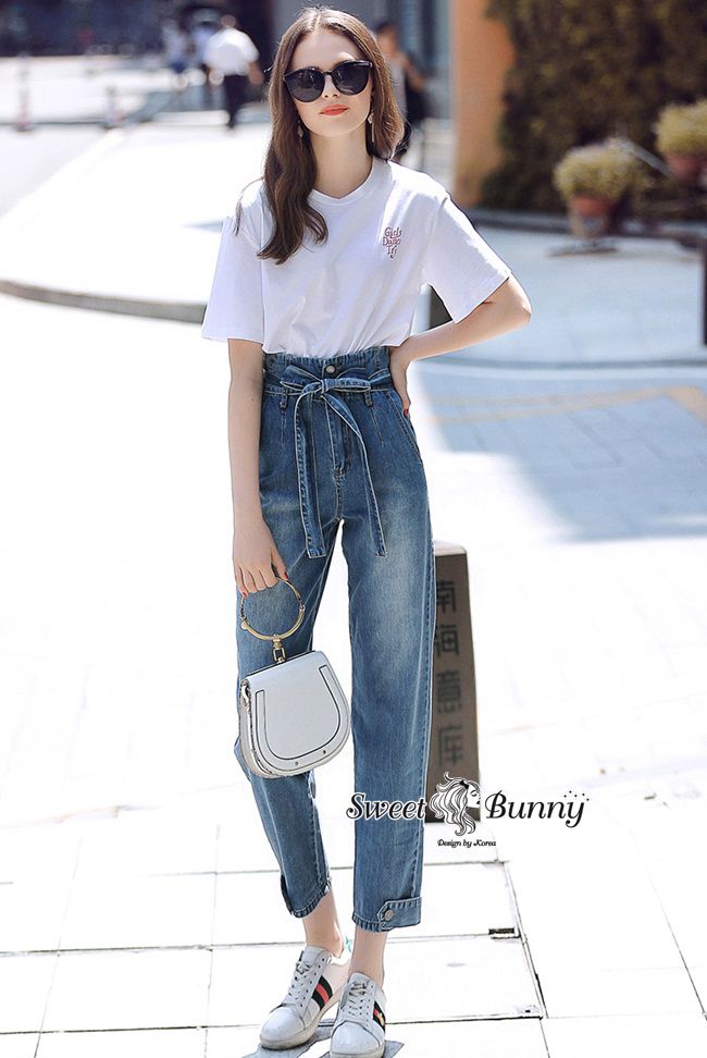 เซ็ทเสื้อยืดกางเกงยีนส์เสื้อยืดผ้าคอตตอนสีขาว