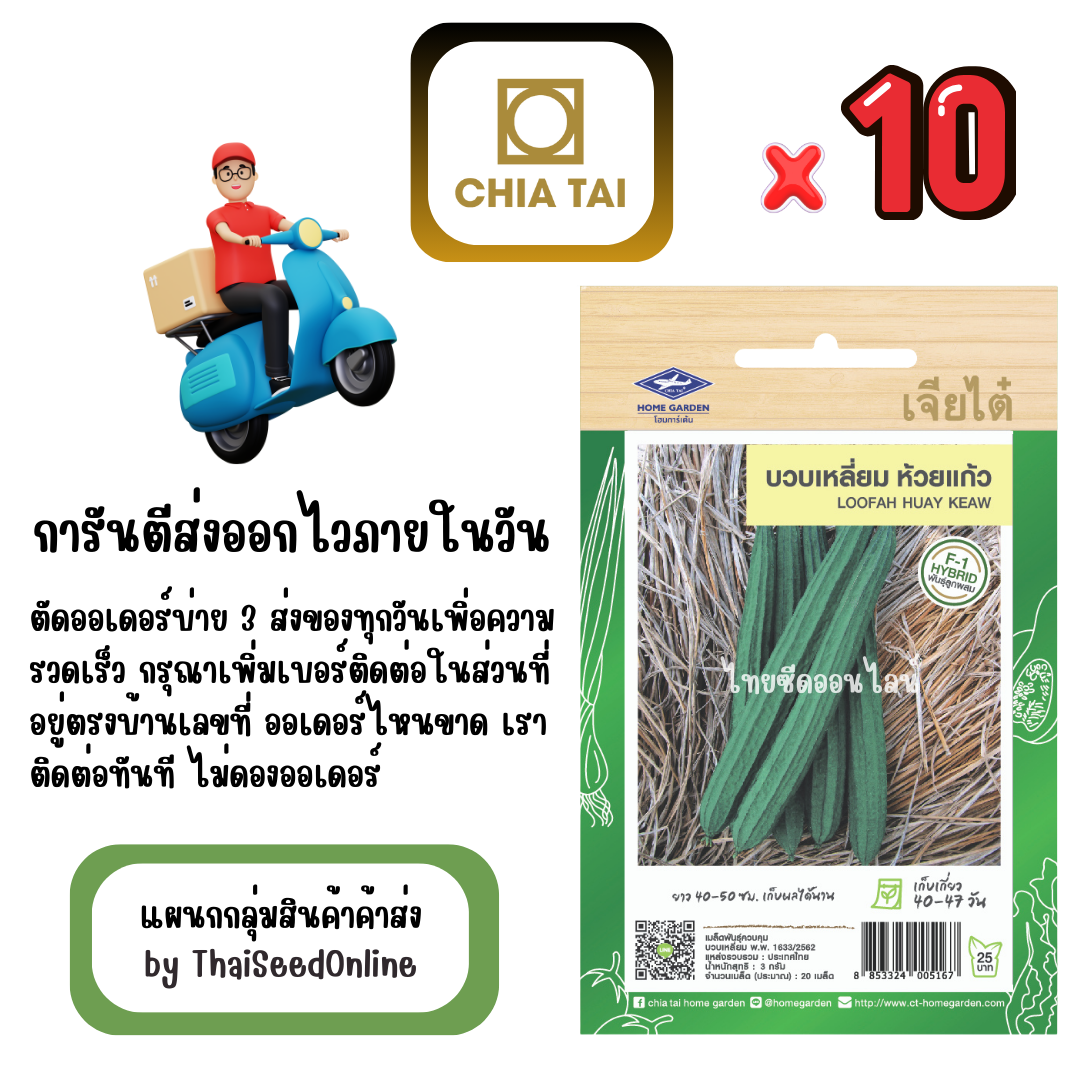 CTF1 x 10 เมล็ดผักซองเจียไต๋ บวบเหลี่ยม ห้วยแก้ว สินค้ายกแพ็ค