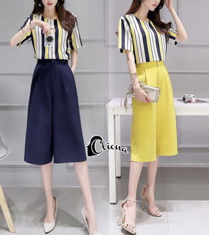 Lady Ribbon Online เสื้อผ้าออนไลน์ขายส่ง Cliona เสื้อผ้า CN02150816 Cliona Made' Straight Line Holic Top + Pant Set - เซ็ตเสื้อ+กางเกงขา