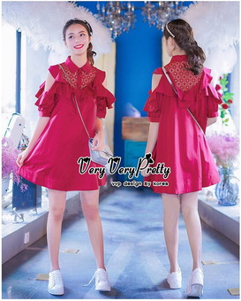 VP04310816 Red Layer Off-Shoulder Short Sleeves MiNi Dress มินิเดรสทรงเชิตสีแดงสวย