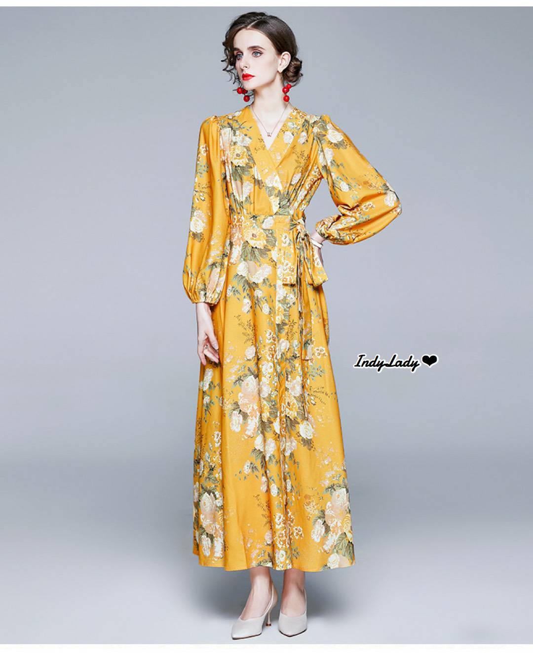 Dress ทรงสวยไขว้หน้าแขนยาวพอง