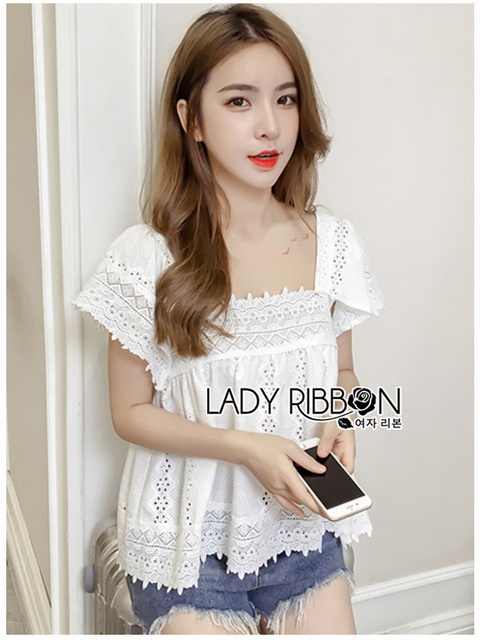 เสื้อแขนระบายผ้าลูกไม้สีขาวสไตล์วินเทจ