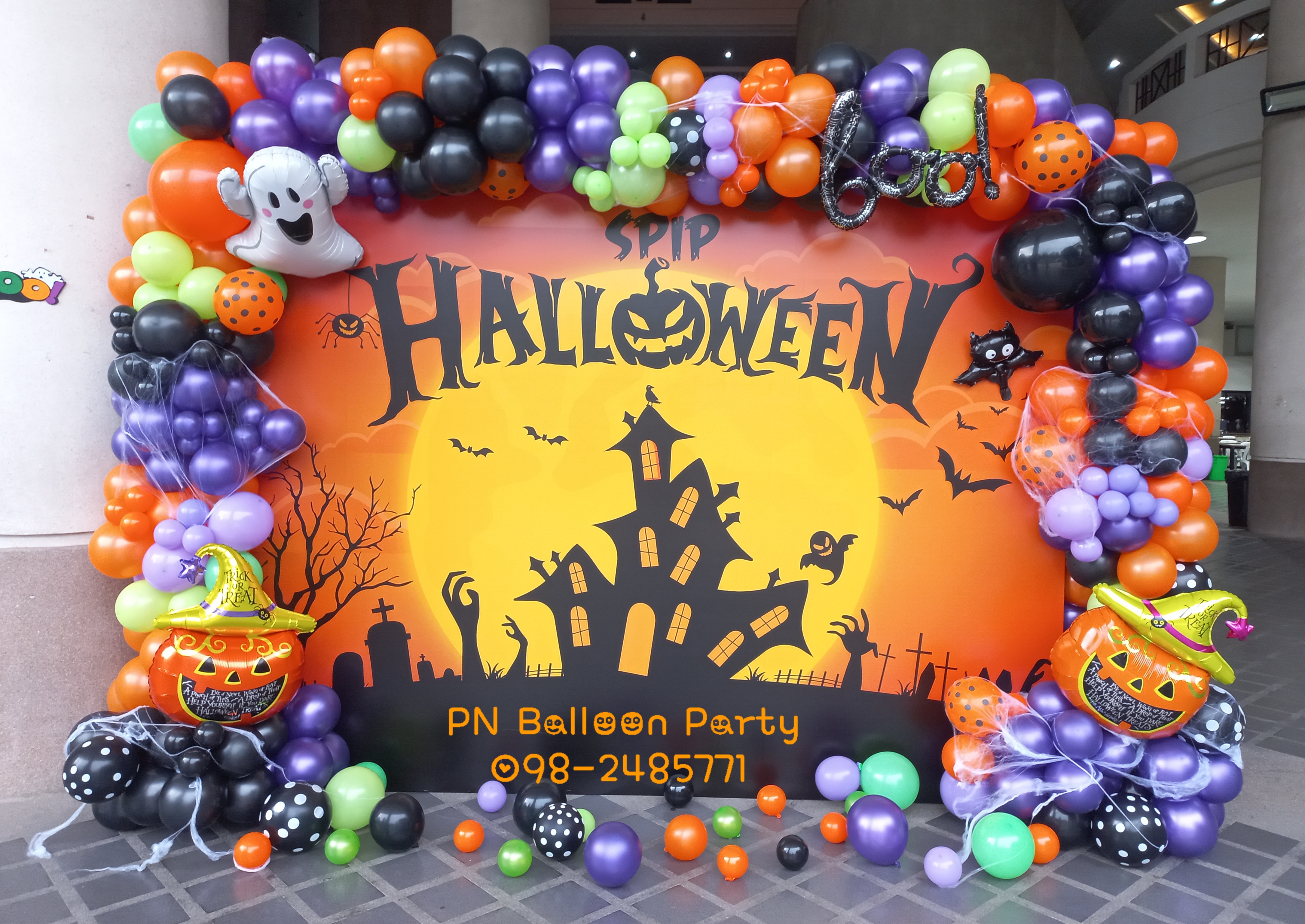 แบลคดรอปฮาโลวีน ค้างคาวดำ 2.3×3 ม. Backdrop Halloween Balloons