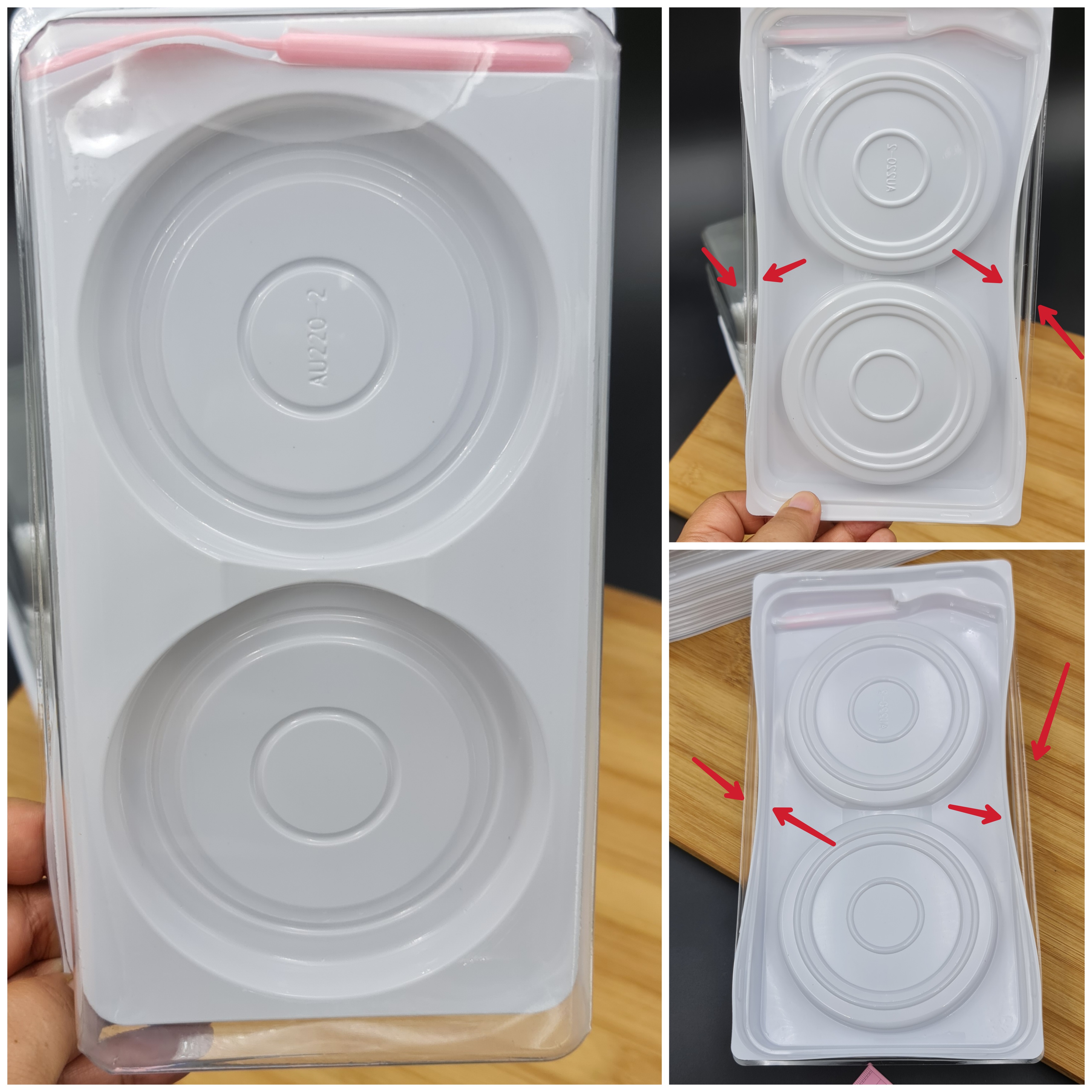 กล่องเบเกอรี่ 2ช่องกลม+ส้อมชมพู 20ชุด ตำหนิตามภาพ2 บรรจุภัณฑ์ เบเกอรี่ พลาสติกฐานขาวฝาใส bbpo j12