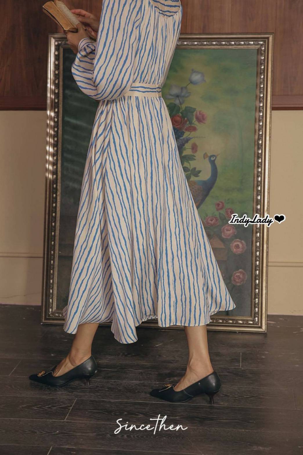 Dress ทรงสวย ลายริ้ว แขนยาวพอง