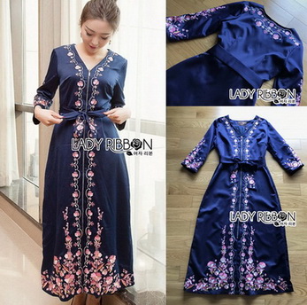 🎀 Lady Ribbon's Made 🎀 Lady Claire Modern Hippie Flower Embroidered Navy Crepe Long Dress
