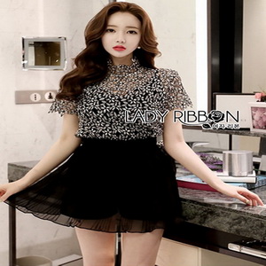 Lady Ribbon Mini Flower Lace Top ขายเสื้อทรงคอสูง