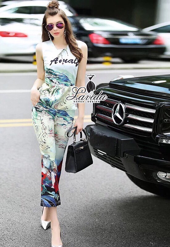 Lady Ribbon Online Lavida เสื้อผ้า LV05200616 🍭Korea Design By Lavida natalie countryside printing sleeveless top long pants fiminine set