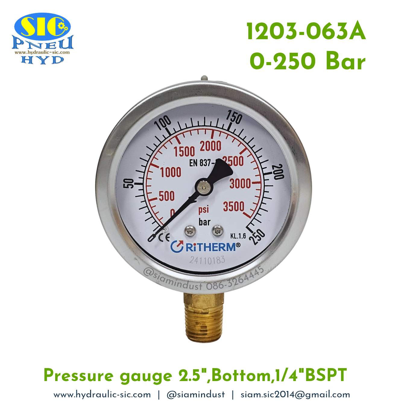 1203-063A Pressure Gauge เกจวัดแรงดันหน้าปัด 2.5" เกลียว 1/4"BSPT ออกข้าง RiTHERM