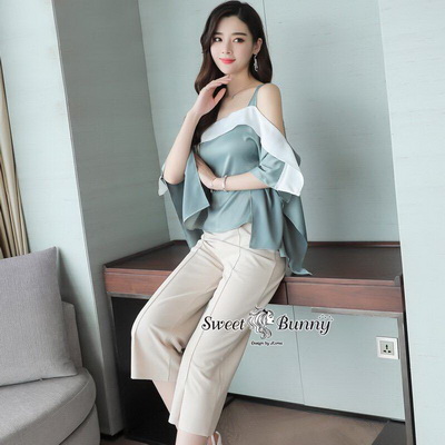 เซ็ทเสื้อ+กางเกงเกาหลีเสื้อผ้าไหมซาติน
