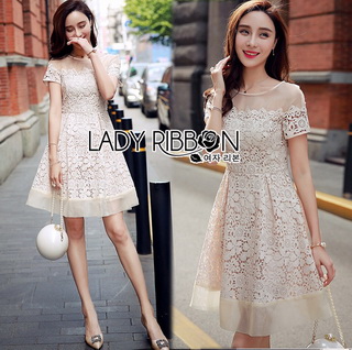 LR13290816 🎀 Lady Ribbon's Made 🎀 Lady Catherine Classic Feminine Off-White Lace and Organza Dress เดรสผ้าลูกไม้ตกแต่ง