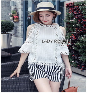 Lady Ribbon Chloe Cut-Out Top and Striped เสื้อคอตตอนแต่งลูกไม้