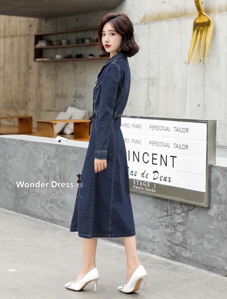 เดรสยีนส์ทรงสวยแต่งกระดุมผ่าด้านหน้า