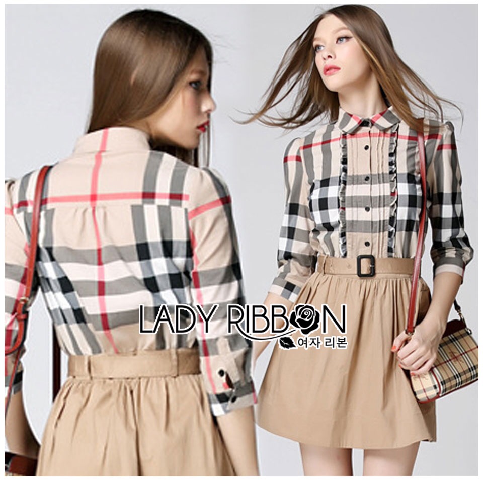 🎀 Lady Ribbon's Made 🎀 Burberry Signature Plaid Camel Shirt Dress เชิ้ตเดรสพิมพ์ลา