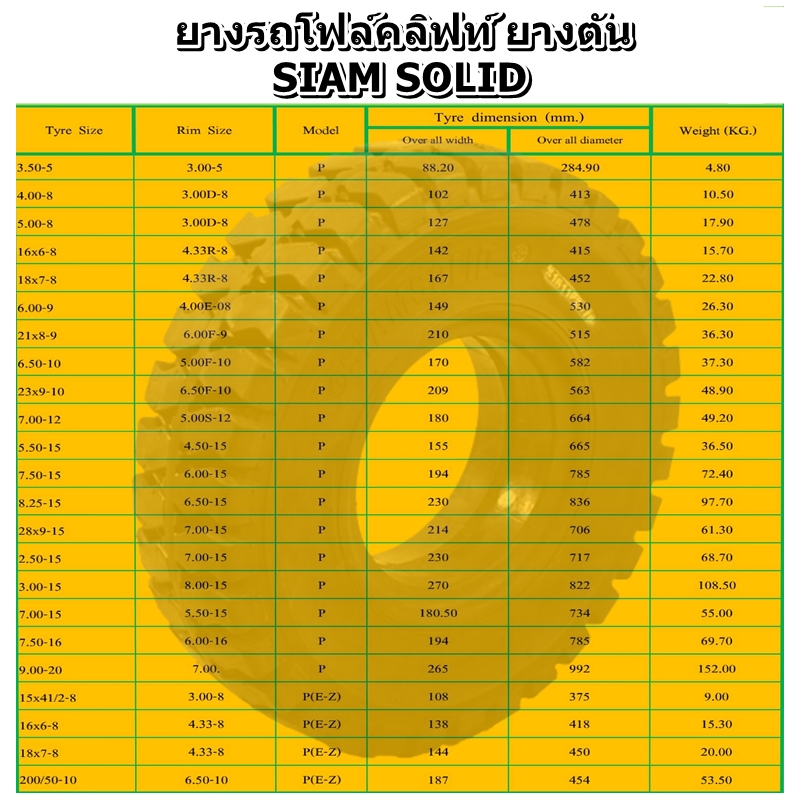 ยางตัน ยางรถโฟร์คลิฟท์ ยี่ห้อ SIAM SOLID รุ่น P 5.00-8 ,4.00-8 ,15X4.5-8 ,16X6-8 ,18X7-8 ,6.00-9 ,21X8-9