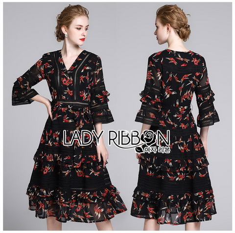 Black Dress เดรสสีดำพิมพ์ลายดอกไม้สีแดง