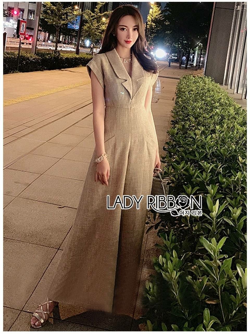 จั๊มสูทขายาวสีครีมเหลือบทอง