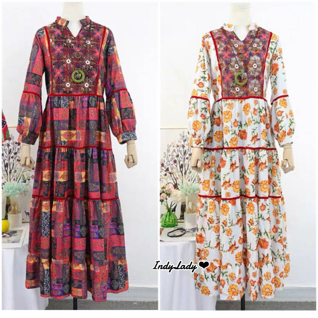 Maxi Dress แขนยาว แต่งปักด้านหน้า
