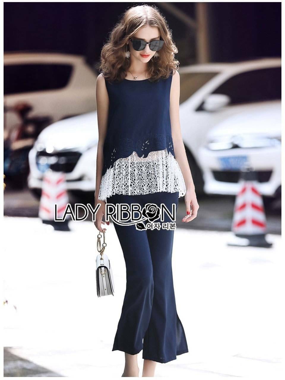 เซ็ตเสื้อแขนกุดตกแต่งระบายและกางเกงขาบานสีน้ำเงิน