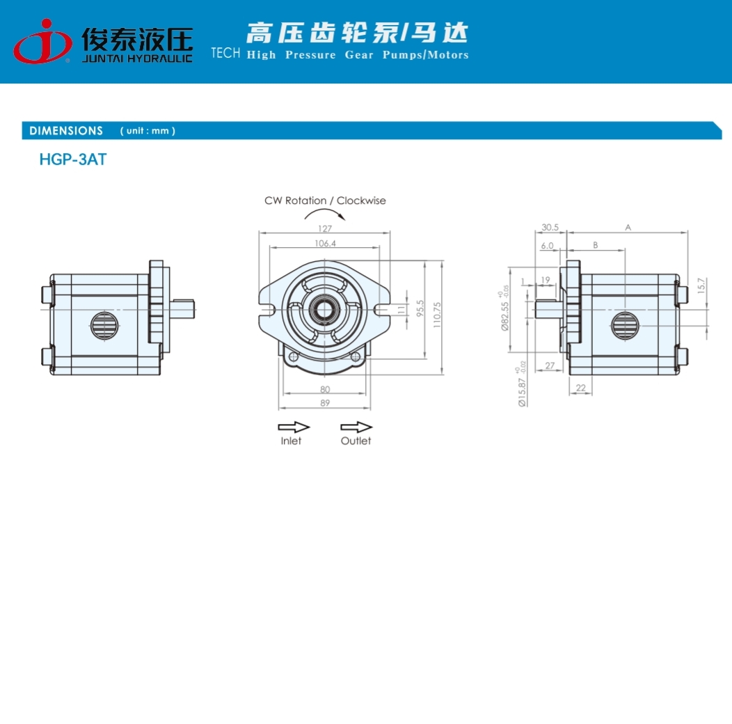 HGP-3AT-F**-R-X-2B-15.87 : Gear Pump เกียร์ปั้มไฮดรอลิค ฝาหน้า-หลัง เหล็กหล่อ JUNTAI