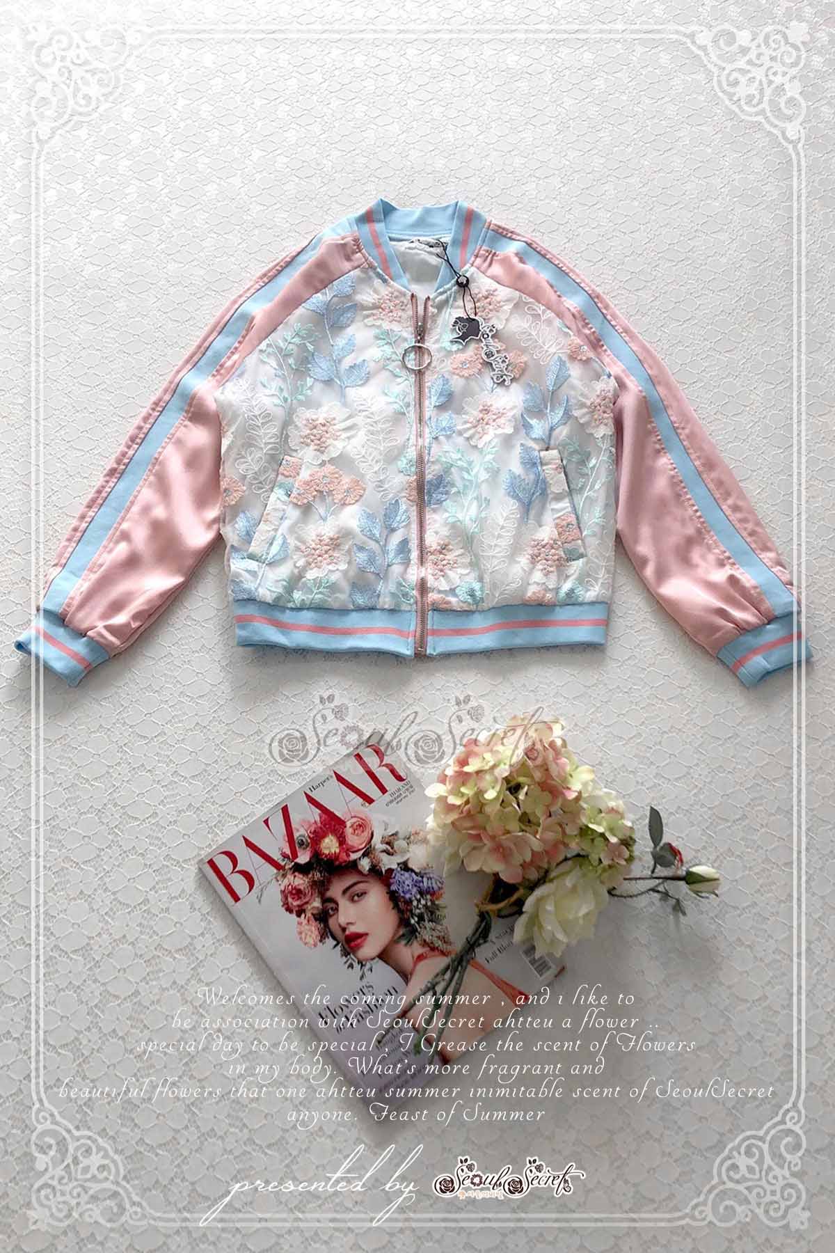 เสื้อ Jacket ผ้าลูกไม้เล่นสีทูโทนสลับฟ้าชมพู