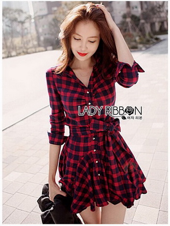 Red Tartan Ruffle Lady Ribbon Shirt Dress