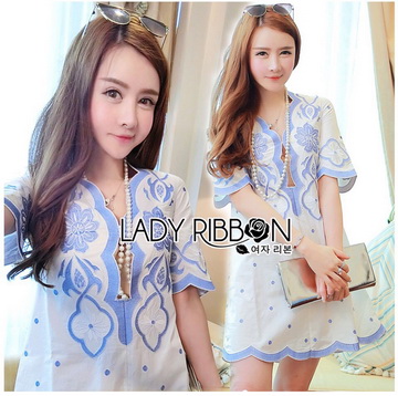 Lady Ribbon Online ขายส่งเสื้อผ้าออนไลน์ ขายส่งของแท้พร้อมส่ง Lady Ribbon LR12250716 🎀 Lady Ribbon's Made 🎀 Lady Rachel Summery Classic Blue and White Embroidered Dress