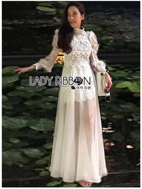 เดรสยาวผ้าชีฟองผสมลูกไม้ ลุคนี้เป็นแบบอั้ม