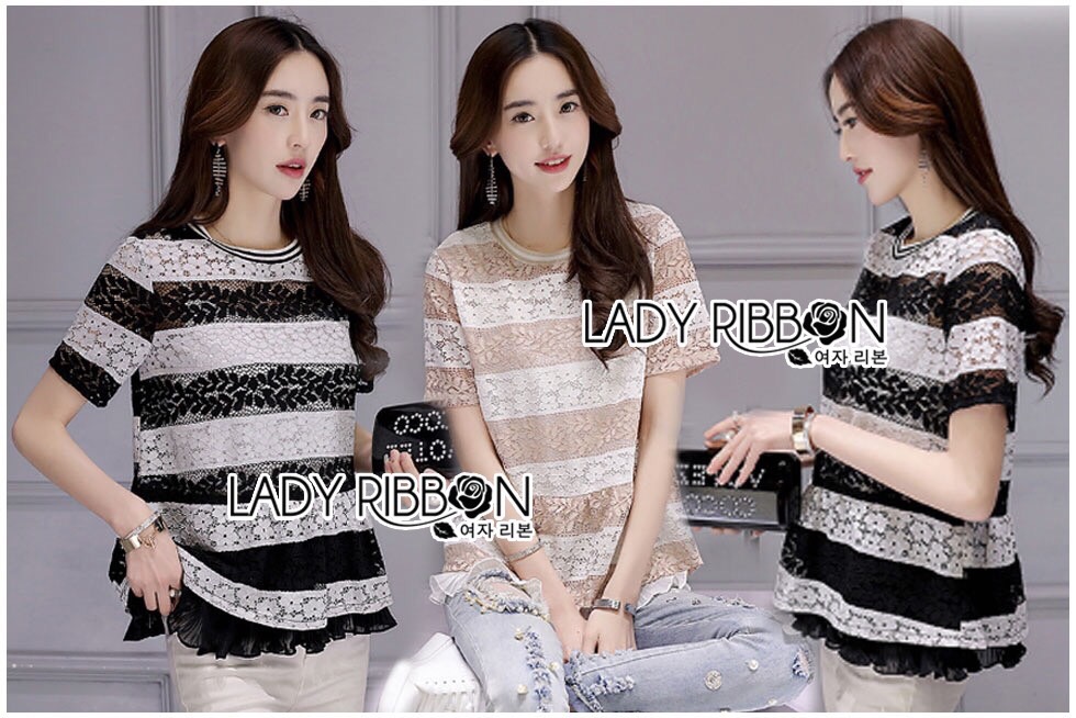 เสื้อผ้า: Lady Ribbon LR13190516 🎀 Lady Ribbon's Made 🎀 Lady Georgina Striped Lace Top with Pleated Frills