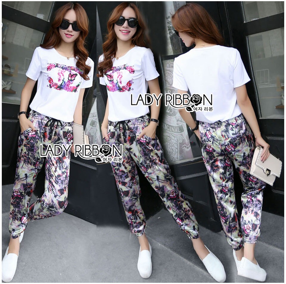 Lady Ribbon's Made 🎀 Chanel Vivid Floral Printed T-Shirt and Floral Printed Slouchy Pants Set เซ็ตเสื้อผ้าคอกลมสีขาวพิมพ์ลายดอกไม้ไข้วชาแนล