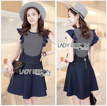 Lady Ribbon Online ขายส่งเสื้อผ้าออนไลน์ ขายส่งของแท้พร้อมส่ง Lady Ribbon LR13250716 🎀 Lady Ribbon's Made 🎀 Lady Kylie Striped Ruffle-Sleeve Top and Overall Skirt Set