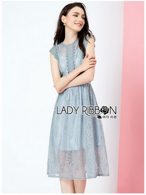 เดรสสั้นผ้าลูกไม้สีฟ้าสดใสสไตล์ซัมเมอร์